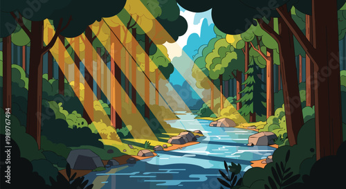 Sunlight Streams Through Lush Forest Onto Peaceful River