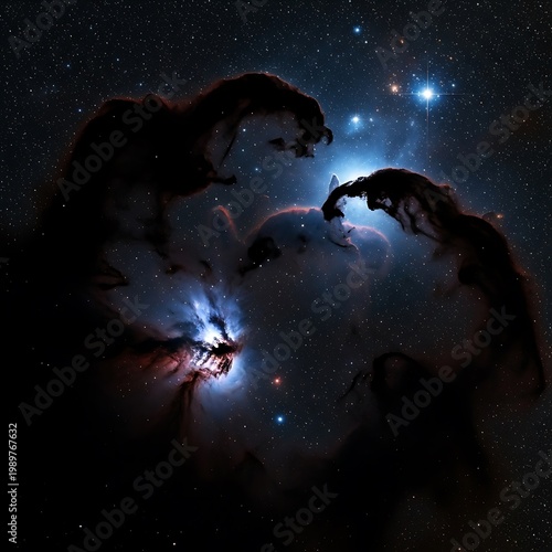 Vast dark molecular clouds interact with brilliant stellar nursery light across deep space