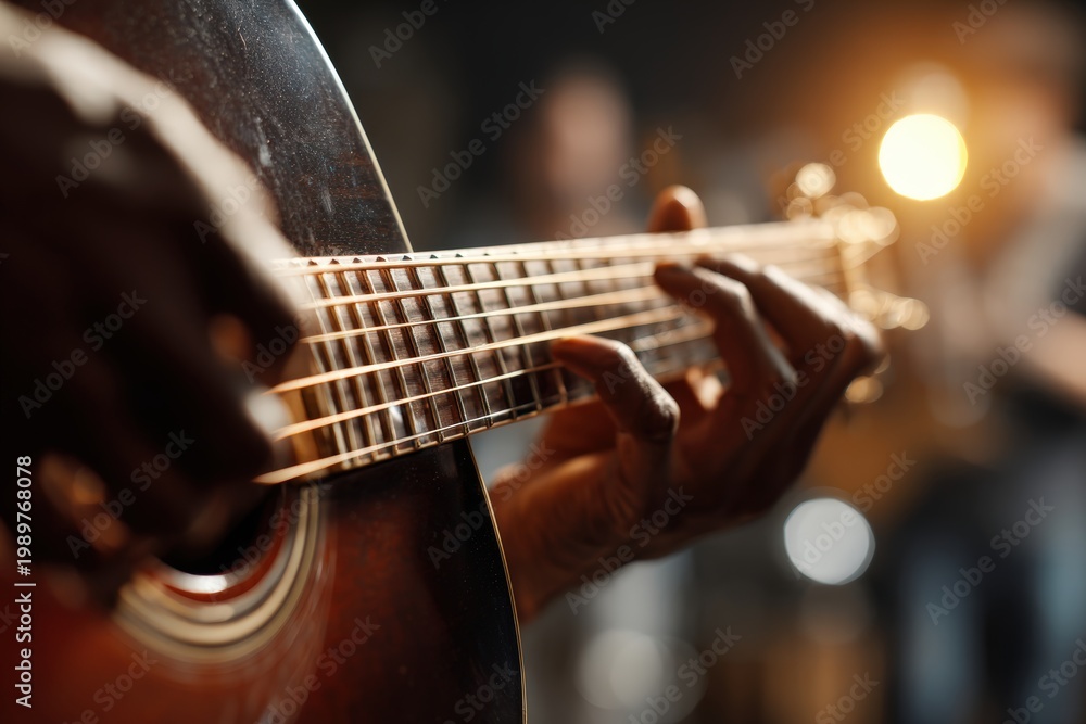 Fototapeta premium Fingertips Plucking Acoustic Guitar Strings on Stage with Softly Blurred Singer in Background