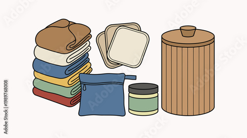 Sustainable nursery organization set with stacked towels and reusable fabric storage bags