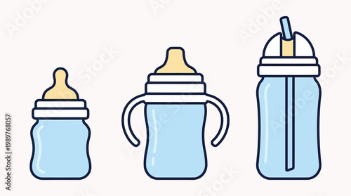 Collection of baby bottles and sippy cup in blue and teal for infant hydration needs