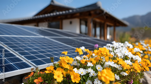 Eco friendly home features solar energy panels with flowers blooming in the foreground during sunny weather in a natural setting