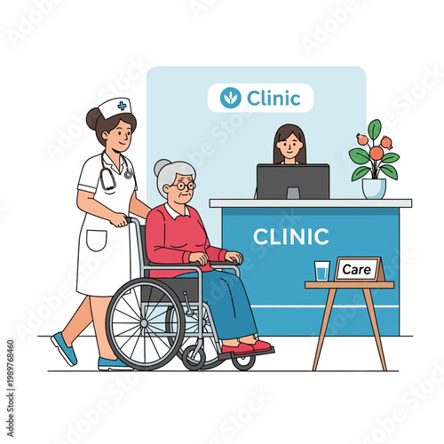 Nurse Pushing Senior in Wheelchair at Clinic Reception