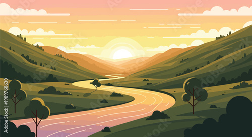 Serene River Valley at Sunrise, Rolling Hills, Golden Light, Idyllic Landscape