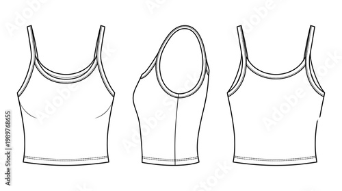 Crop Tank Top Fashion Technical Drawing, Women's Summer Activewear Multi-View Line Art Vector
