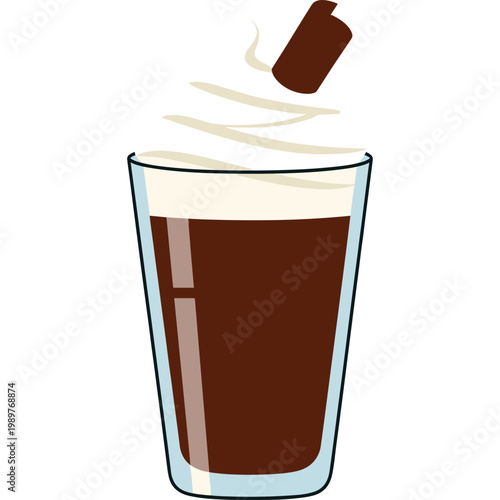 A bottle pours chocolate syrup into a glass of frothy drink.