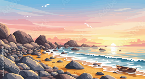 Serene Beach Sunset with Rocky Shoreline and Distant Boat