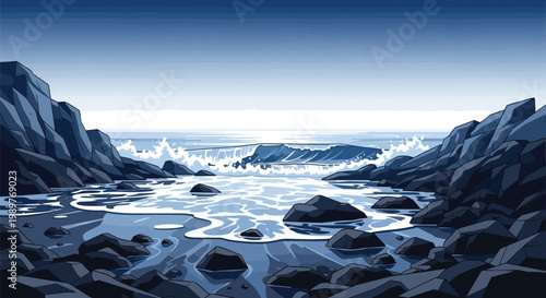 Pixel Art Ocean Waves Crashing on Rocky Shoreline, Blue Seascape