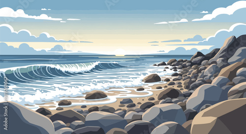 Pixel Art Beach Scene with Ocean Waves and Rocky Shoreline at Sunset