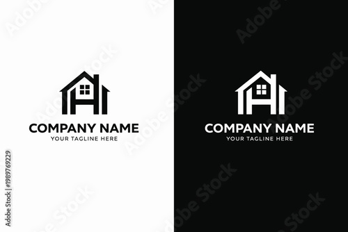 Minimalist house logo design black and white versions for company branding