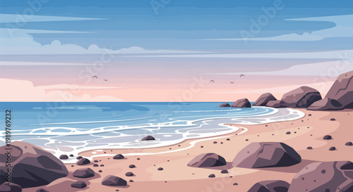 Pixel Art Beach Landscape with Ocean Waves and Rocky Shoreline at Sunset