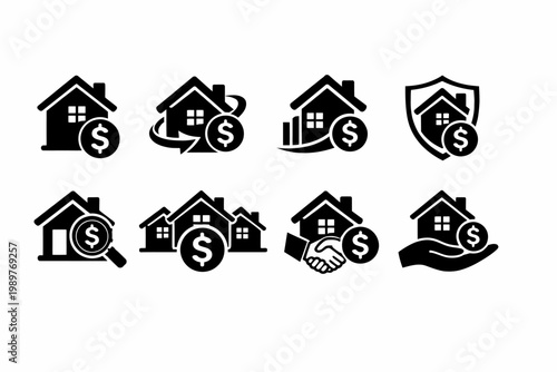 Real estate investment and home security icons set in black and white