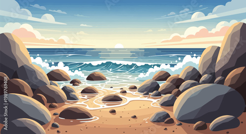Pixel Art Beach Sunrise Seascape with Rocky Shoreline and Gentle Waves