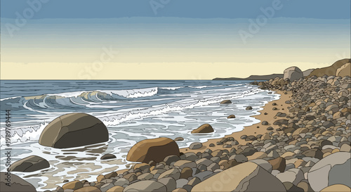 Rocky beach coastline with gentle waves and a clear sky, serene coastal landscape.