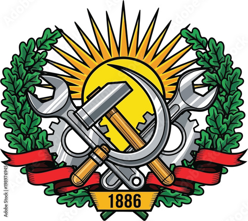 Industrial emblem with hammer sickle wrench and gears in sunburst