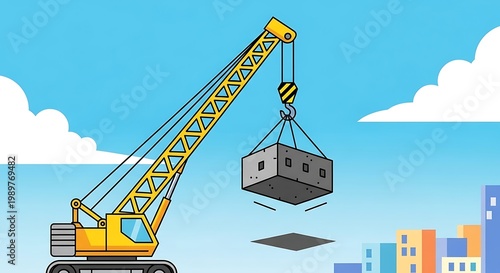 Construction mechanism lifts heavy material above urban skyline under bright sky