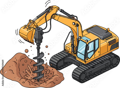 Heavy Construction Excavator with Auger Drill Attachment Digging Deep Hole in Ground for Foundation Work and Industrial Building Site Infrastructure Project Vector Illustration