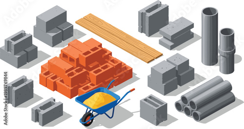 Isometric Construction Materials Set Featuring Red Bricks Cinder Blocks Concrete Pipes Timber Planks and Wheelbarrow with Sand for Building Industry and Architectural Site Project Vector