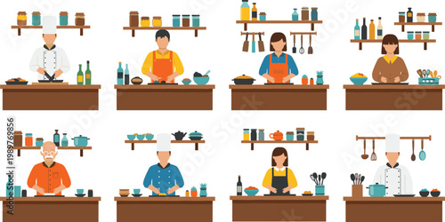 Professional Chefs and Home Cooks Set Featuring Diverse People Cooking in Kitchen with Utensils and Ingredients for Restaurant Culinary Industry and Healthy Food Concept Vector Illustration