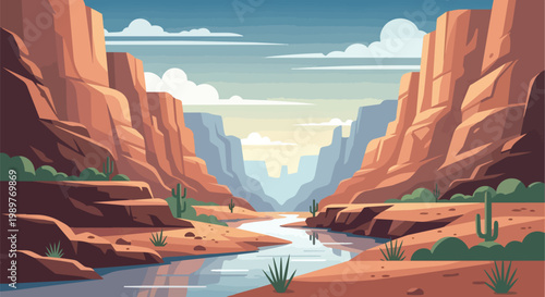 Vibrant Canyon Landscape with River and Desert Plants - Pixel Art Style