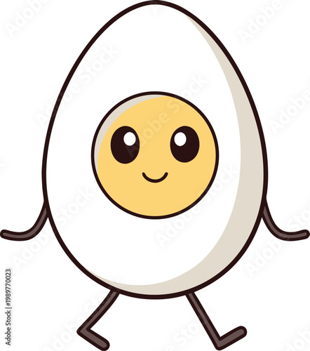 Adorable Boiled Egg Cartoon Character with a Sweet Face Happily Taking a Little Stroll