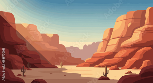 Vibrant Pixel Art Desert Canyon Landscape with Cacti and Sun Rays