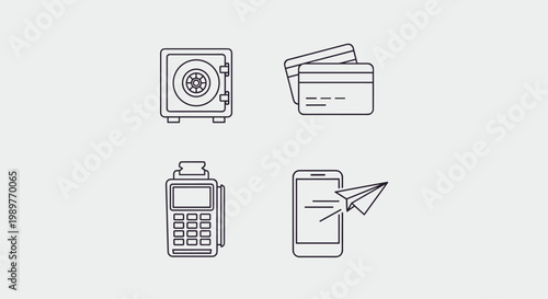 Line icons related to banking and payments such as a safe, credit cards, a POS terminal, and a mobile phone with a paper plane symbol.