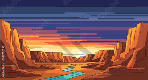 Pixel Art Desert Canyon at Sunset with River and Dramatic Sky