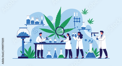 Professional scientists in a laboratory conducting research on cannabis plants using beakers and various scientific equipment.