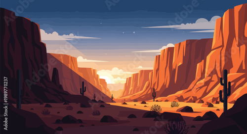 Pixel Art Desert Canyon at Sunset with Cacti and Dramatic Light