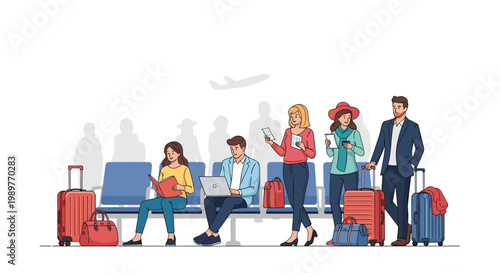 Travelers waiting in an airport terminal seating area with their luggage and laptops while an airplane flies in the background.
