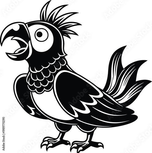 A cheerful tropical parrot cartoon illustration with an open beak and lively crest