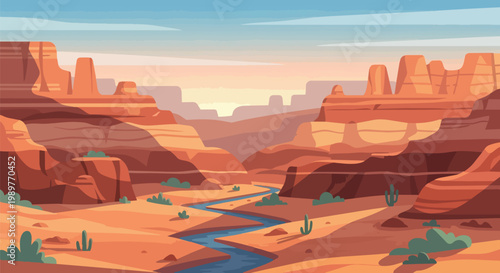 Pixel Art Desert Canyon Landscape at Sunset with River and Cacti