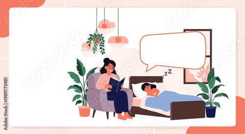 Loving mother sitting in an armchair reading a bedtime story to her young child who is peacefully sleeping in a cozy bedroom.