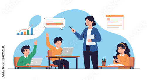 Female teacher instructing a group of children in a modern classroom where students are using laptops and raising their hands.