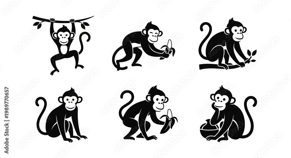 Fototapeta premium Set of six playful monkey illustrations in black and white, various poses