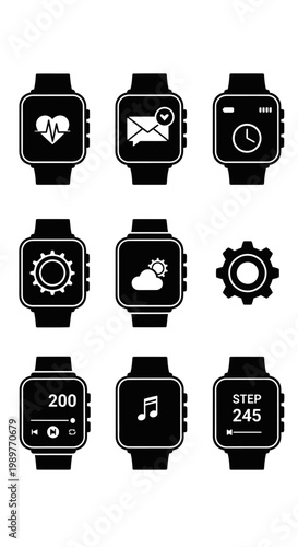 Smartwatch Icons: Health, Mail, Timer, Settings, Weather, Music, Steps
