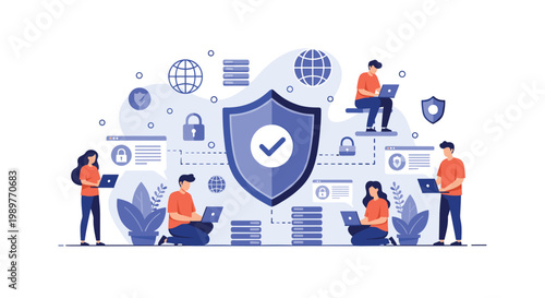 Team of IT specialists working on a cybersecurity project with a large protective shield, locks, and various network symbols.