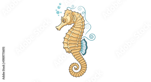 Artistic illustration of a tan seahorse floating in the ocean with blue water bubbles and decorative swirling patterns around it.