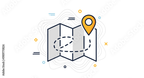 Folded map icon with a dashed travel route and an orange location pin indicating a specific destination or navigation path.