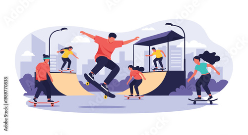 Group of energetic young people practicing skateboarding tricks and jumps at an urban skate park with ramps and city skyline.
