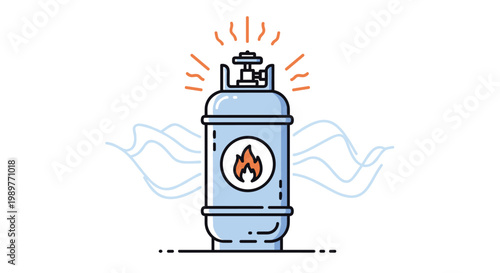 Illustration of a pressurized gas cylinder or propane tank with a fire symbol and vapor lines indicating a potential gas leak.