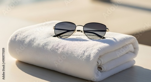 Stylish sunglasses resting on a fluffy white towel summer vacation vibes