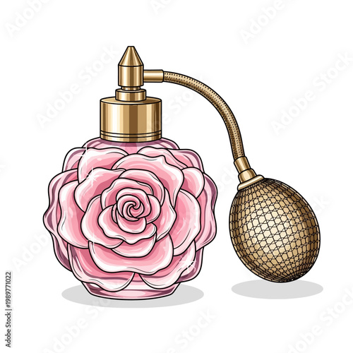 Elegant rose-shaped perfume bottle with a decorative atomizer and pomander
