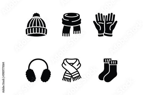 Monochrome Winter Wear Solid Silhouette Icon Collection Knitted Hat Scarf Gloves Ear Muffs Striped Scarf Socks Symbols