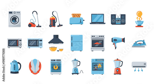 Comprehensive collection of flat icons representing various household appliances like washing machines, ovens, and microwaves.