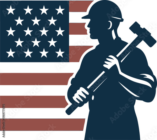 Silhouette of a construction worker holding a sledgehammer in front of an american flag, representing american labor, industry, and patriotism