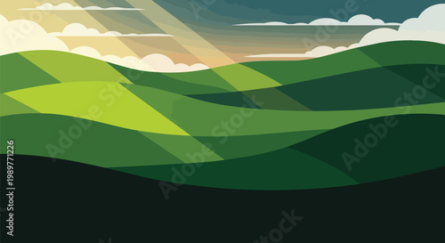 Rolling Green Hills with Sun Rays and Clouds, Abstract Landscape