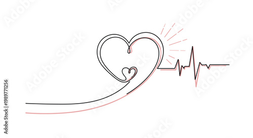 Single continuous line drawing of a heart shape merging into a medical electrocardiogram heartbeat pulse line on white.
