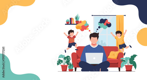 Father trying to focus on his remote work while sitting on a sofa with kids jumping and playing around him in the living room.
